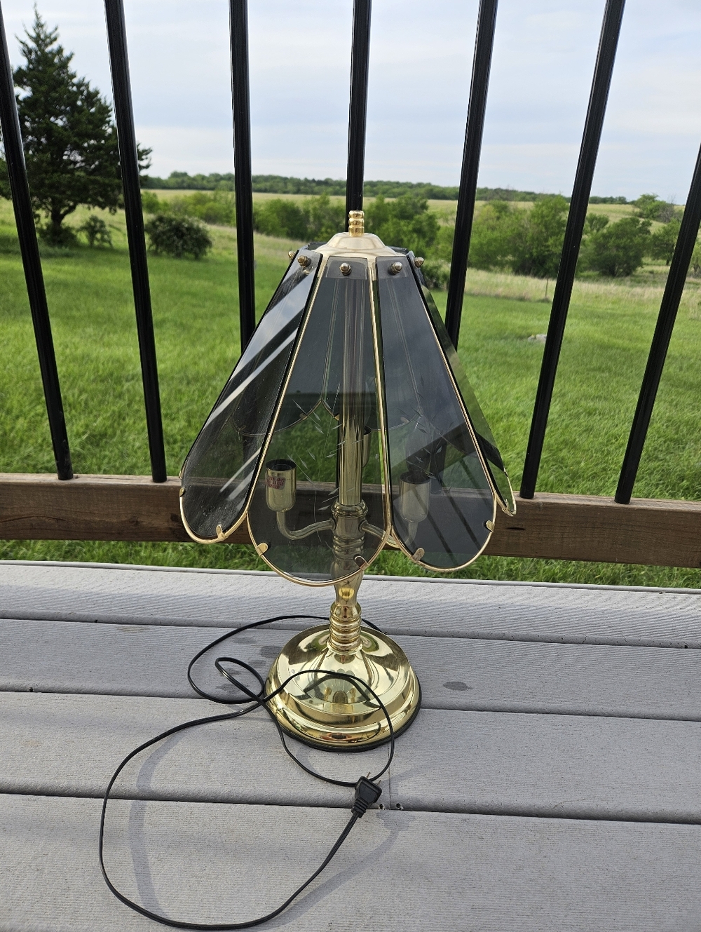 Vintage Brass Touch Table Lamp Smoked Etched Glass 8 Panels 3-Way Working